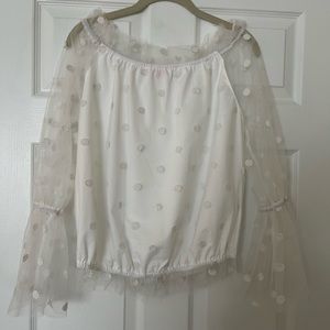 Pink Lily White Polka Dot Mesh Off the Shoulder Blouse